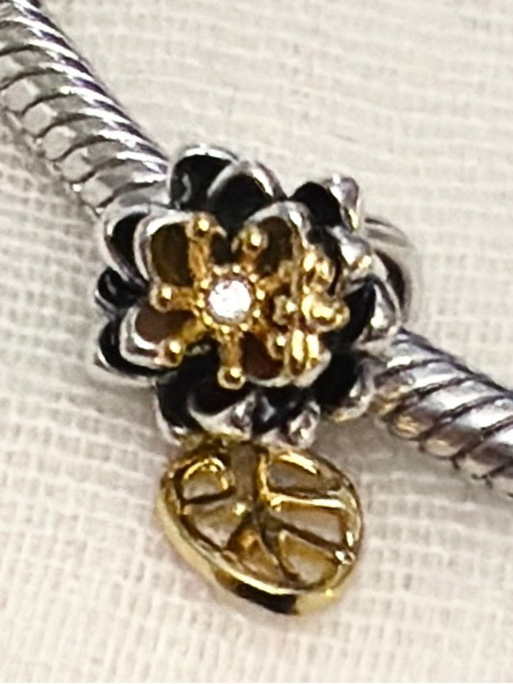 Silver & Gold Water Lily Charm w/Dangling Leaf | 14k Gold Over 925 Sterling, Cz